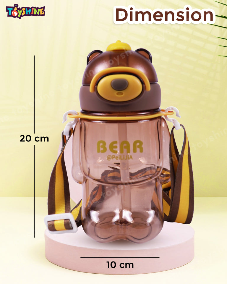 Toyshine 800ml Teddy Theme Anti-Leak BPA free Spill Proof Cap Closure Kids Water Bottle with Straw And Strap for School Home and outdoor use - Brown