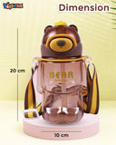 Toyshine 800ml Teddy Theme Anti-Leak BPA free Spill Proof Cap Closure Kids Water Bottle with Straw And Strap for School Home and outdoor use - Brown