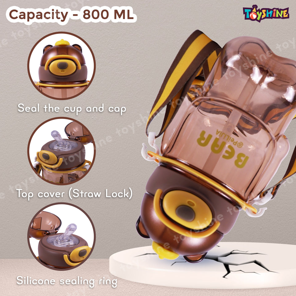 Toyshine 800ml Teddy Theme Anti-Leak BPA free Spill Proof Cap Closure Kids Water Bottle with Straw And Strap for School Home and outdoor use - Brown