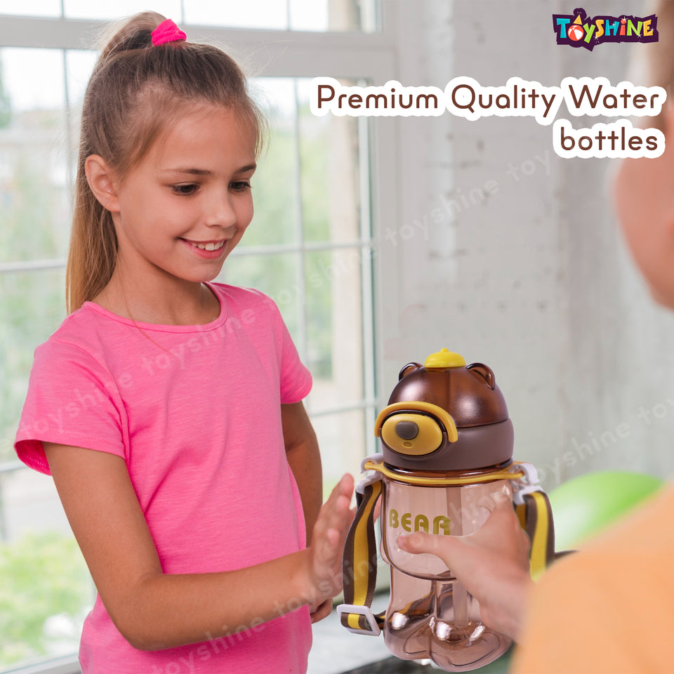 Toyshine 800ml Teddy Theme Anti-Leak BPA free Spill Proof Cap Closure Kids Water Bottle with Straw And Strap for School Home and outdoor use - Brown