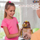 Toyshine 800ml Teddy Theme Anti-Leak BPA free Spill Proof Cap Closure Kids Water Bottle with Straw And Strap for School Home and outdoor use - Brown