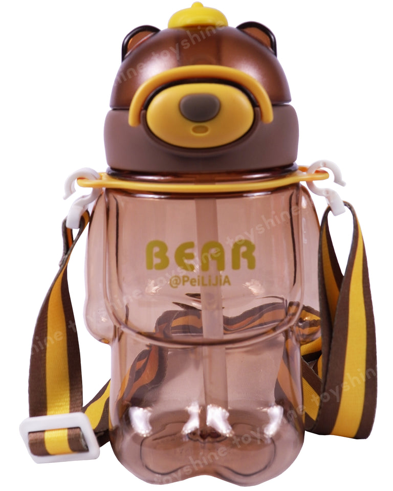 Toyshine 800ml Teddy Theme Anti-Leak BPA free Spill Proof Cap Closure Kids Water Bottle with Straw And Strap for School Home and outdoor use - Brown