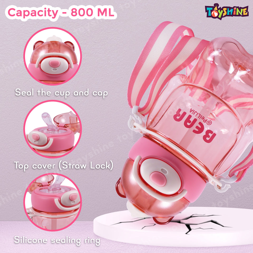 Toyshine 800ml Teddy Theme Anti-Leak BPA-Free Spill Proof Cap Closure Kids Water Bottle with Straw And Strap for School Home and outdoor use - Pink