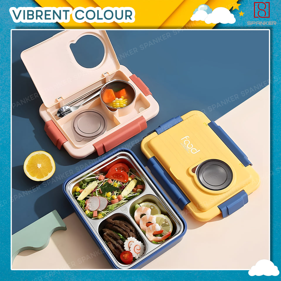 Spanker 1050ML Stainless Steel Insulation BPA Free Leak-Proof 5 Compartment Lunch Box with 3 pc Cutlery Bento Box for Kid Adult Student Children - Blue