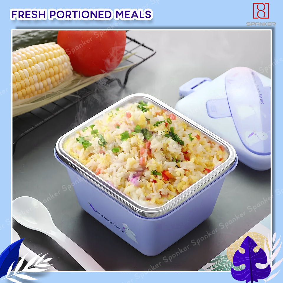 Spanker 600 ML Cartoon Design Portable Leak-Proof, BPA-Free Dishwasher Safe Stainless Steel Bento Box with Spoon & Fork for Toddlers Preschoolers - Blue