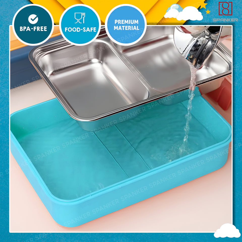 Spanker 1050ML Stainless Steel Insulation BPA Free Leak-Proof 5 Compartment Lunch Box with 3 pc Cutlery Bento Box for Kid Adult Student Children - Blue