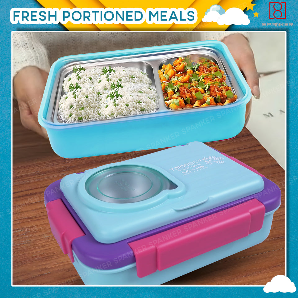 Spanker 1050ML Stainless Steel Insulation BPA Free Leak-Proof 5 Compartment Lunch Box with 3 pc Cutlery Bento Box for Kid Adult Student Children - Blue