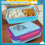 Spanker 1050ML Stainless Steel Insulation BPA Free Leak-Proof 5 Compartment Lunch Box with 3 pc Cutlery Bento Box for Kid Adult Student Children - Blue
