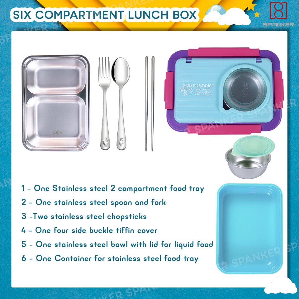 Spanker 1050ML Stainless Steel Insulation BPA Free Leak-Proof 5 Compartment Lunch Box with 3 pc Cutlery Bento Box for Kid Adult Student Children - Blue