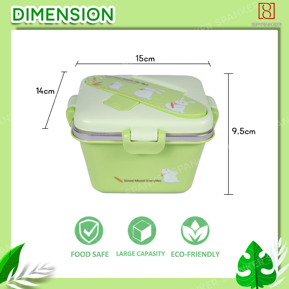 Spanker 600 ML Cartoon Design Portable Leak-Proof, BPA-Free Dishwasher Safe Stainless Steel Bento Box with Spoon & Fork for Toddlers Preschoolers - Green