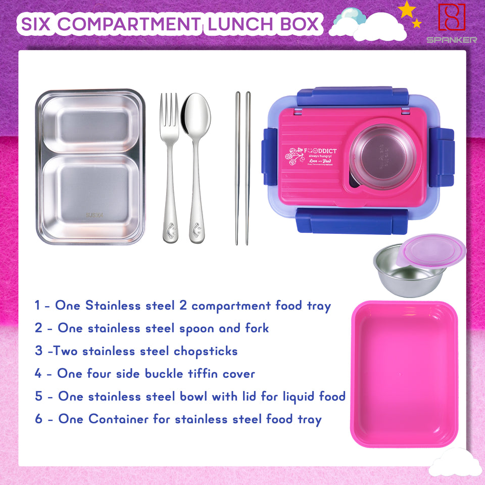 Spanker 1050ML Stainless Steel Insulation BPA Free Leak-Proof 5 Compartment Lunch Box with 3 pc Cutlery Bento Box for Kid Adult Student Children - Pink