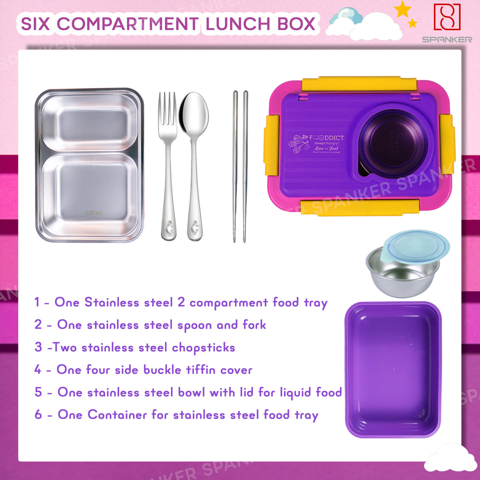 Spanker 1050ML Stainless Steel Insulation BPA Free Leak-Proof 5 Compartment Lunch Box with 3 pc Cutlery Bento Box for Kid Adult Student Children - Purple