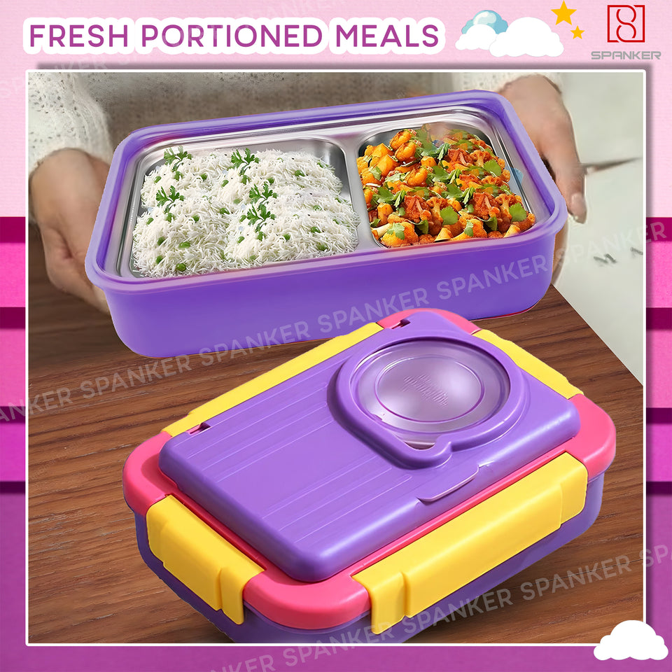 Spanker 1050ML Stainless Steel Insulation BPA Free Leak-Proof 5 Compartment Lunch Box with 3 pc Cutlery Bento Box for Kid Adult Student Children - Purple