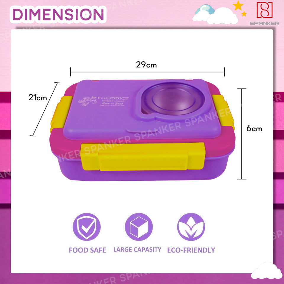 Spanker 1050ML Stainless Steel Insulation BPA Free Leak-Proof 5 Compartment Lunch Box with 3 pc Cutlery Bento Box for Kid Adult Student Children - Purple