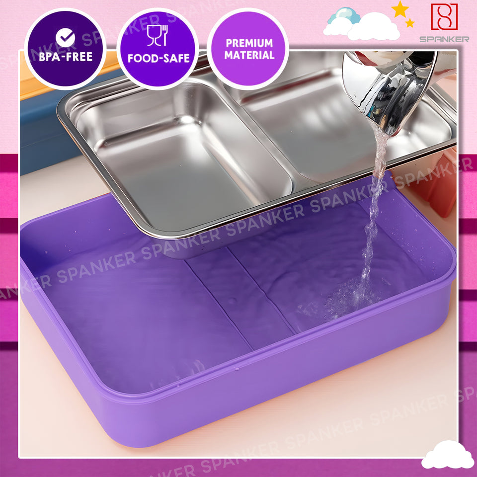 Spanker 1050ML Stainless Steel Insulation BPA Free Leak-Proof 5 Compartment Lunch Box with 3 pc Cutlery Bento Box for Kid Adult Student Children - Purple