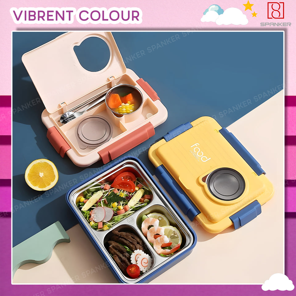 Spanker 1050ML Stainless Steel Insulation BPA Free Leak-Proof 5 Compartment Lunch Box with 3 pc Cutlery Bento Box for Kid Adult Student Children - Purple