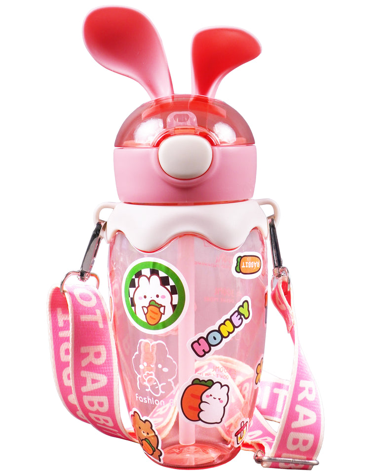 Toyshine 580ml Bunny Design Anti-Leak BPA-Free Spill Proof Cap Closure Kids Water Bottle with Straw And Strap for School Home and outdoor use - Pink