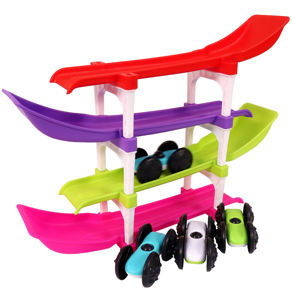 Toyshine Racer Ramp Toy with 4 Car Ramps and 4 Mini Cars Race Track for 1, 2, 3 Toddlers, Boys & Girls – Educational Vehicle Toys