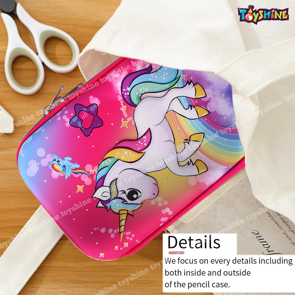 Toyshine Super Glaze Unicorn Hardtop Pencil Case with Compartments - Kids Large Capacity School Supply Organizer Students Stationery Box - Girls Pen Pouch- Dark Pink