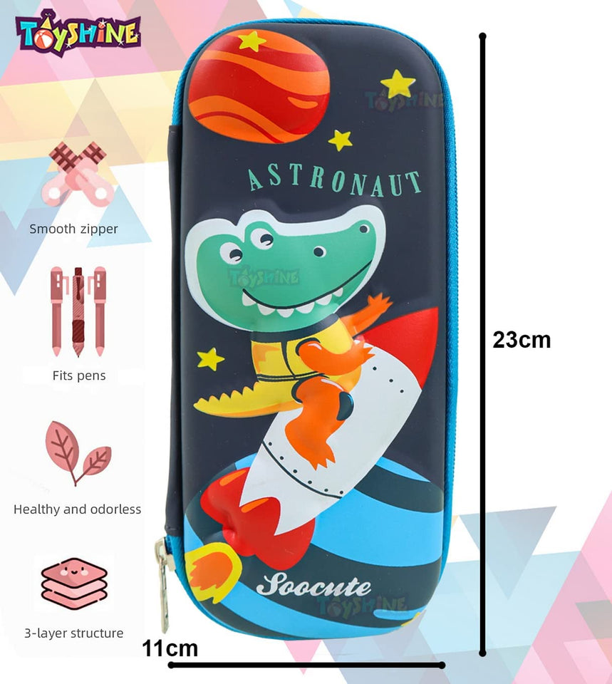 Toyshine Set of 3 Hardtop Pencil Cases with Multiple Compartments - Kids School Supply Organizer Students Stationery Box - Girls Pen Pouch (Crocodile, Space Dino and Rocket Dinosaur)