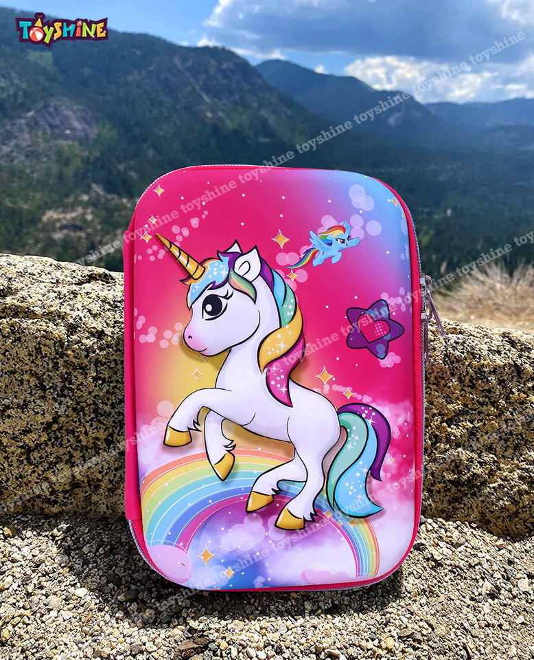 Toyshine Super Glaze Unicorn Hardtop Pencil Case with Compartments - Kids Large Capacity School Supply Organizer Students Stationery Box - Girls Pen Pouch- Dark Pink