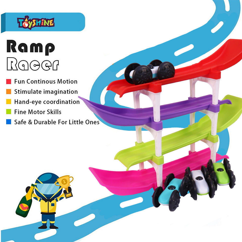 Toyshine Racer Ramp Toy with 4 Car Ramps and 4 Mini Cars Race Track for 1, 2, 3 Toddlers, Boys & Girls – Educational Vehicle Toys