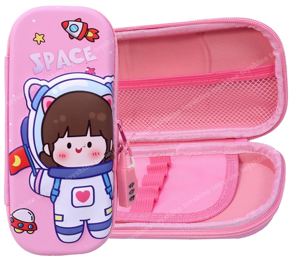 Toyshine Baby Astronaut Compact Hardtop Pencil Case with Multiple Compartments - Kids School Supply Organizer Students Stationery Box - Girls Boys Pen Pouch- Pink