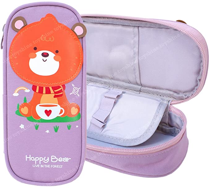 Toyshine Happy Bear Pencil Case with Multiple Compartments - Kids School Supply Organizer Students Stationery Box - Girls Pen Pouch- Multi-Color