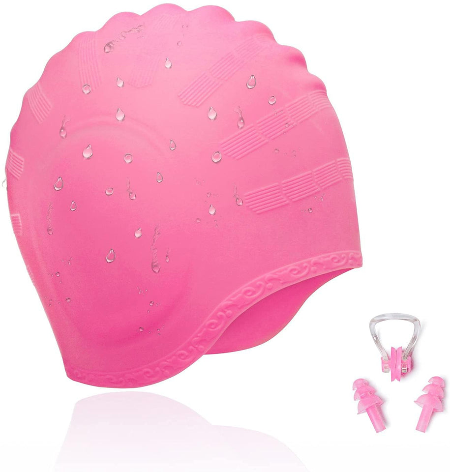 Spanker Unisex Swim Cap with 3D Ear Protection, Durable Flexible Silicone Swimming Hat for Short/Long Hair with Ear Plugs&Nose Clip, Pink SSTP