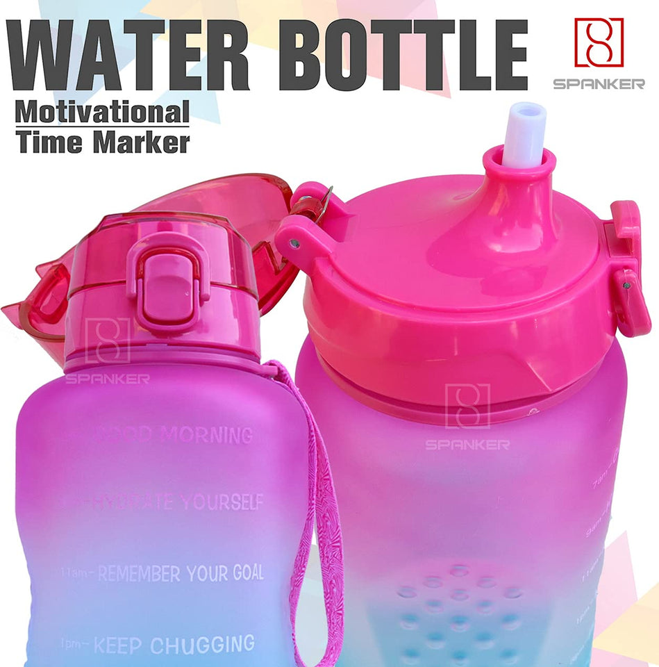 Spanker Motivational Water Bottle Gallon with Time Marker Large Capacity 2000ML, Leakproof BPA Free Fitness Sports Water Bottle ,(Blue-Pink) SSTP