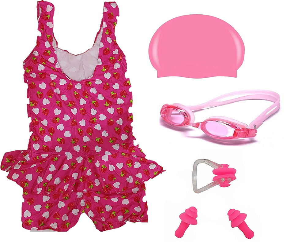 Toyshine Swimming Combo for 7+Age- Swimsuit One Piece,Swimming Goggles, Silicone Swimming Cap,1 Nose Clip 2 Ear Plugs,Color and Design May Vary (CI-106) SSTP