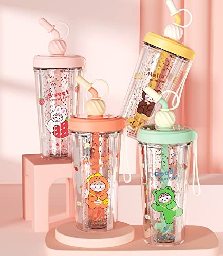 Toyshine Glitter Water Bottle Tumbler Sipper Cup, Freefalling Design, Reuseable Plastic Cup with Lid and Straw - 400 ML - Green (TS-2022)