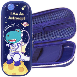 Toyshine Astro Dinosaur Hardtop Pencil Case with Multiple Compartments - Kids School Supply Organizer Students Stationery Box - Girls Pen Pouch- Blue