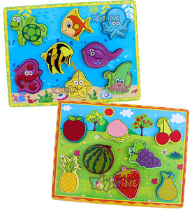 Toyshine 2 in 1 Strong Wooden Peg Puzzle Fruits and Sea Animals for 2 3 4+ Years Boy Girl Educational Montessori Toys Jigsaw Puzzle (Pack of 2) (TS-2022)