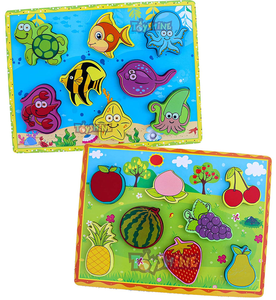 Toyshine 2 in 1 Strong Wooden Peg Puzzle Fruits and Sea Animals for 2 3 4+ Years Boy Girl Educational Montessori Toys Jigsaw Puzzle (Pack of 2) (TS-2022)