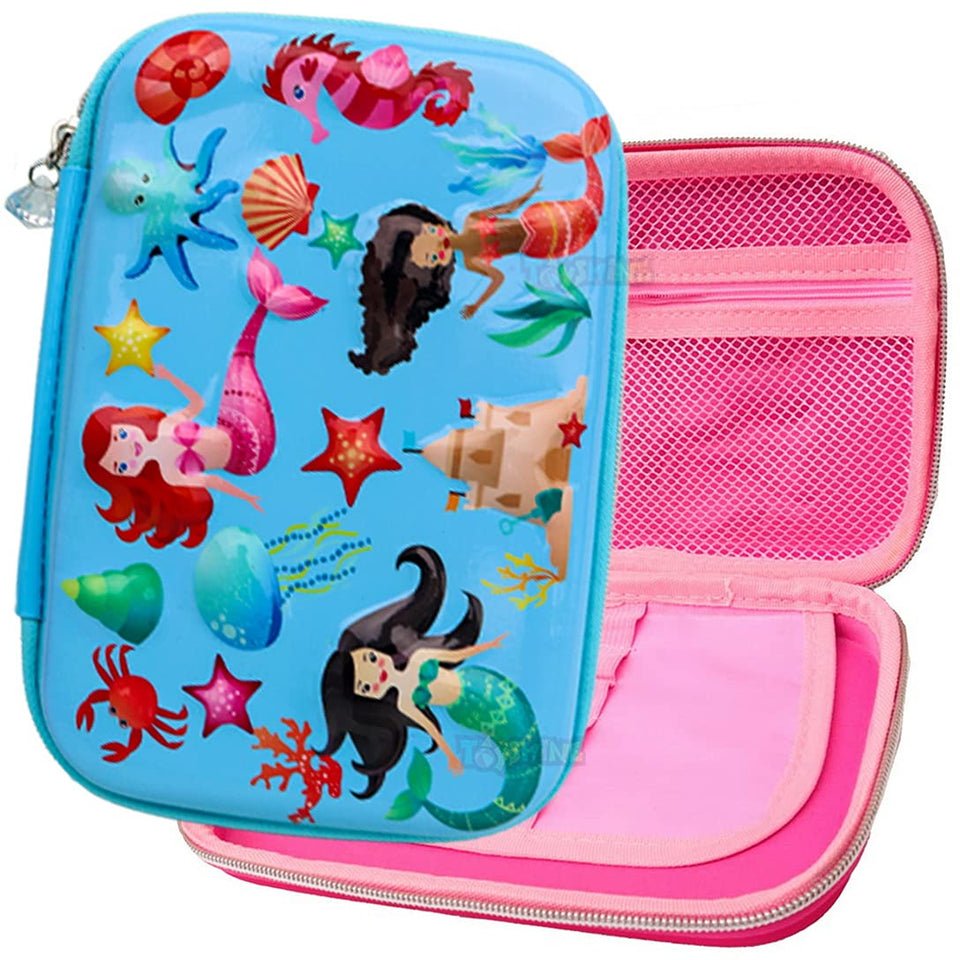 Toyshine Mermaid's Iceland Hardtop Pencil Case with Compartments - Kids Large Capacity School Supply Organizer Students Stationery Box - Girls Pen Pouch- Blue