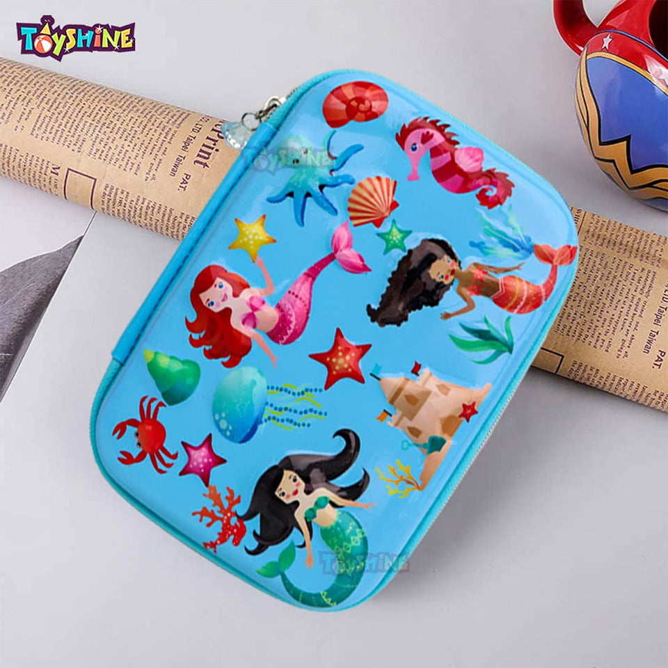 Toyshine Mermaid's Iceland Hardtop Pencil Case with Compartments - Kids Large Capacity School Supply Organizer Students Stationery Box - Girls Pen Pouch- Blue