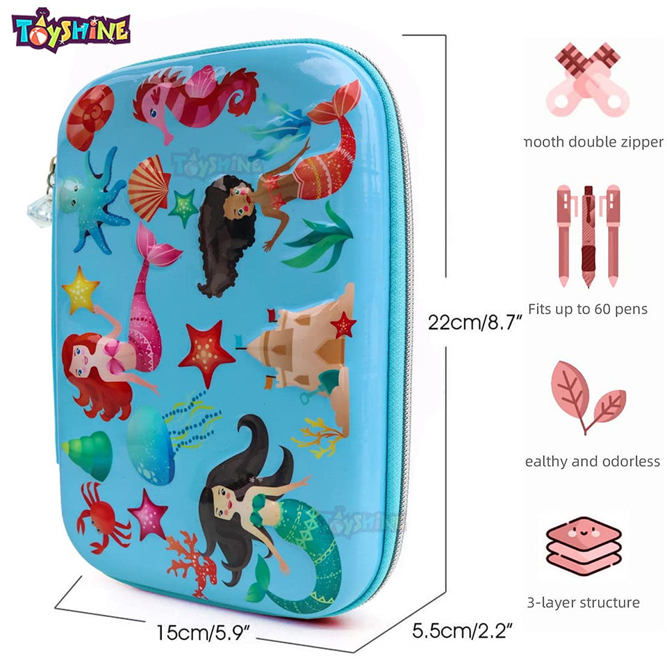 Toyshine Mermaid's Iceland Hardtop Pencil Case with Compartments - Kids Large Capacity School Supply Organizer Students Stationery Box - Girls Pen Pouch- Blue