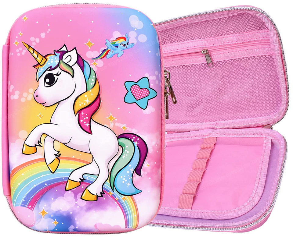 Toyshine Super Glaze Unicorn Hardtop Pencil Case with Compartments - Kids Large Capacity School Supply Organizer Students Stationery Box - Girls Pen Pouch- Light Pink