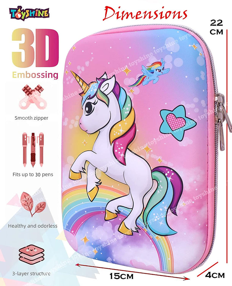 Toyshine Super Glaze Unicorn Hardtop Pencil Case with Compartments - Kids Large Capacity School Supply Organizer Students Stationery Box - Girls Pen Pouch- Light Pink
