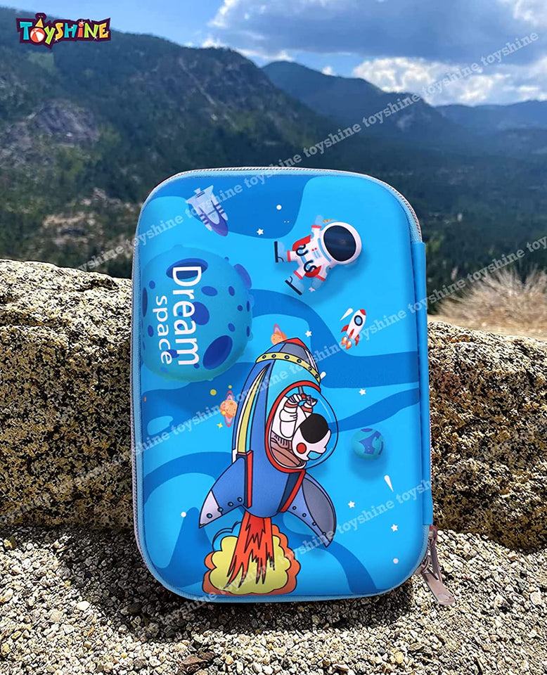 Toyshine Space Theme Hardtop Pencil Case with Compartments - Kids Large Capacity School Supply Organizer Students Stationery Box - Girls Pen Pouch- Blue - M2