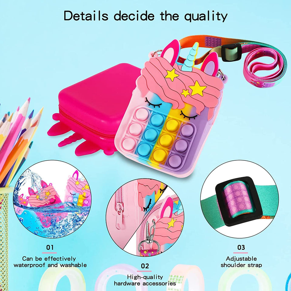 Toyshine Unicorn Shape Mini Shoulder Pop it Popit Purse Bag Fidget Toys for Girls, Sensory Silicone Fidget Gifts for Kids Girls Women- White