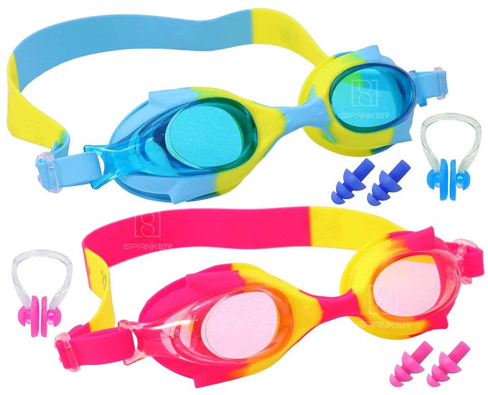Toyshine Kids Swimming Goggles For (Age 4-12) Waterproof Swim Goggles (2PC) Clear Vision Anti Fog UV Protection, Pink-Light Blue SSTP