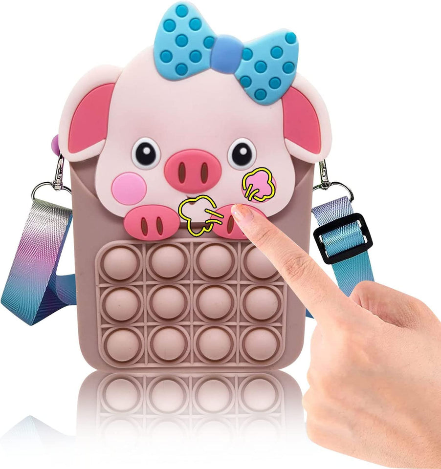 Toyshine Pig Shape Mini Shoulder Pop it Popit Purse Bag Fidget Toys for Girls, Sensory Silicone Fidget Gifts for Kids Girls Women- Pink