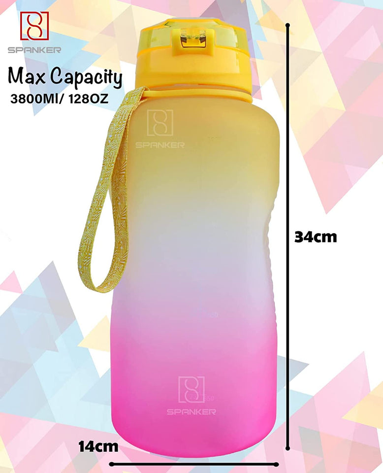 Spanker Jumbo Tank All In 1 Motivational Leakproof Water Bottle Gallon with Strap, Time Marker, 3800 ML, BPA Free Fitness Sports Water Bottle - Yellow Pink (SSTP)