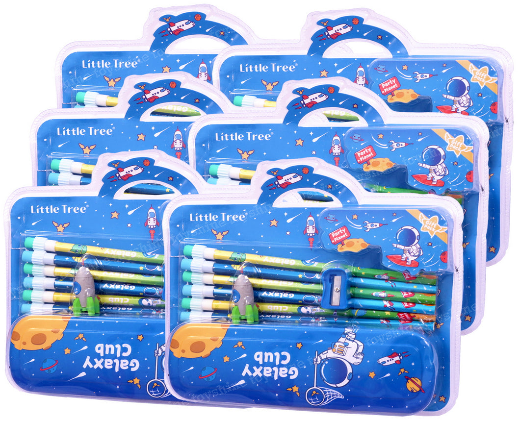 Toyshine Pack of 6 Space Stationary Set | 6 Pencil Boxes, 6 Erasers, 36 Pencils, 6 Sharpner | Birthday Party Return Gift Party Favor for Kids
