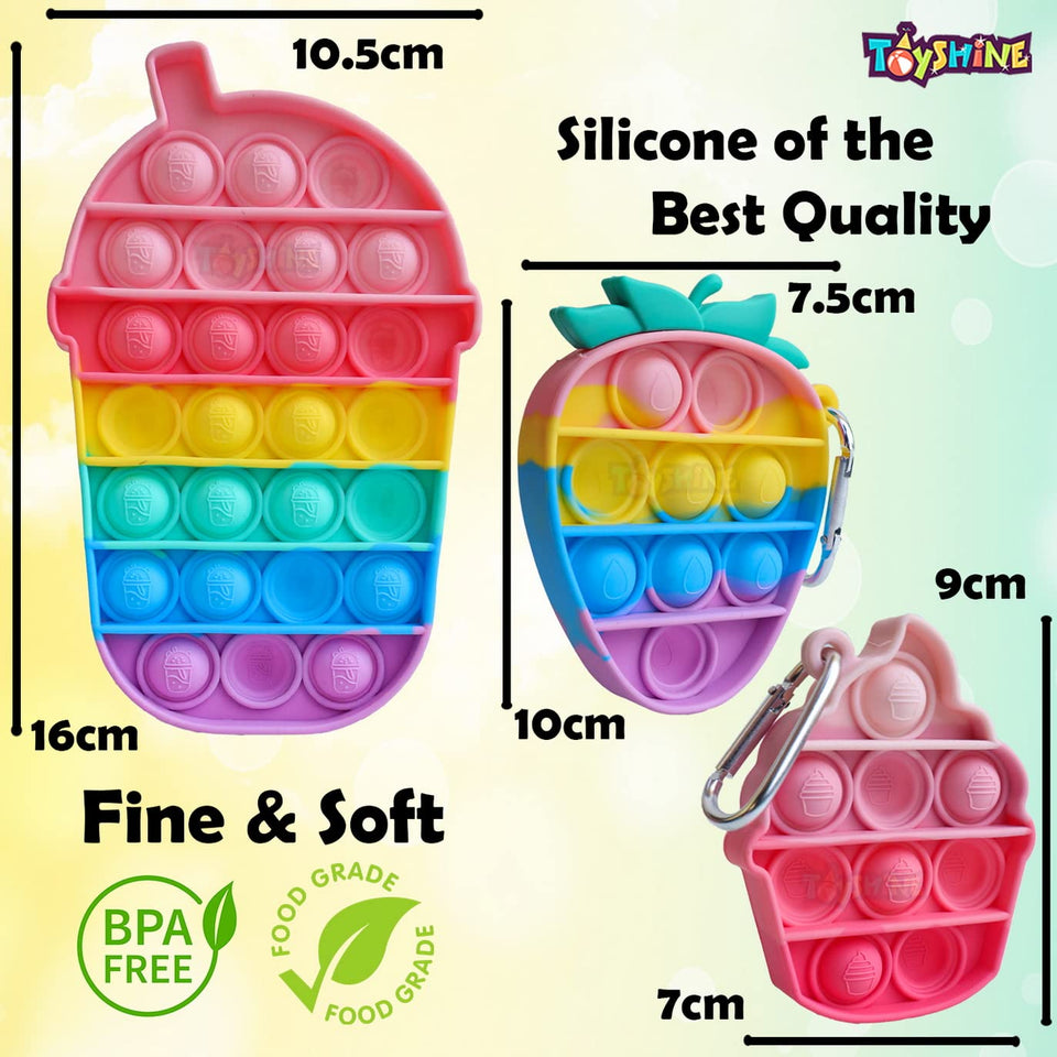 Toyshine Pack of 3- Big Shaker, Ice Cream, Strawberry- Fidget Popping Sounds Toy, BPA Free Silicone, Push Bubbles Toy for Autism Stress Reliever, Sensory Toy