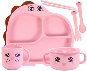Spanker 7 Piece Mealtime Bamboo Dinnerware for Kids Toddler, Plate and Bowl Set Eco Friendly Dishwasher Safe Great Gift for Birthday - Cutie Saurus (Pink)