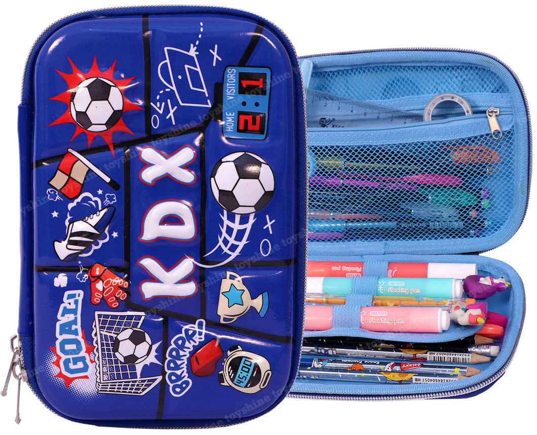 Toyshine Sports Goal Theme Hardtop Pencil Case with Compartments - Kids Large Capacity School Supply Organizer Students Stationery Box - Girls Boys Pen Pouch - Blue