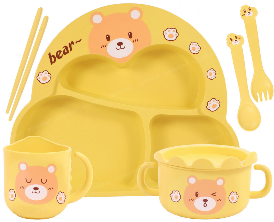 Spanker 7 Piece Mealtime Bamboo Dinnerware for Kids Toddler, Plate and Bowl Set Eco Friendly Dishwasher Safe Great Gift for Birthday - Bubu Bear (Yellow)